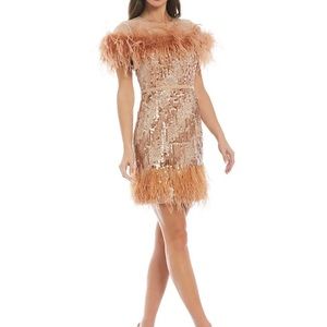 Antonio Melani x Nicola Bathie Emilia Sequined Feather Trim Sheath Dress